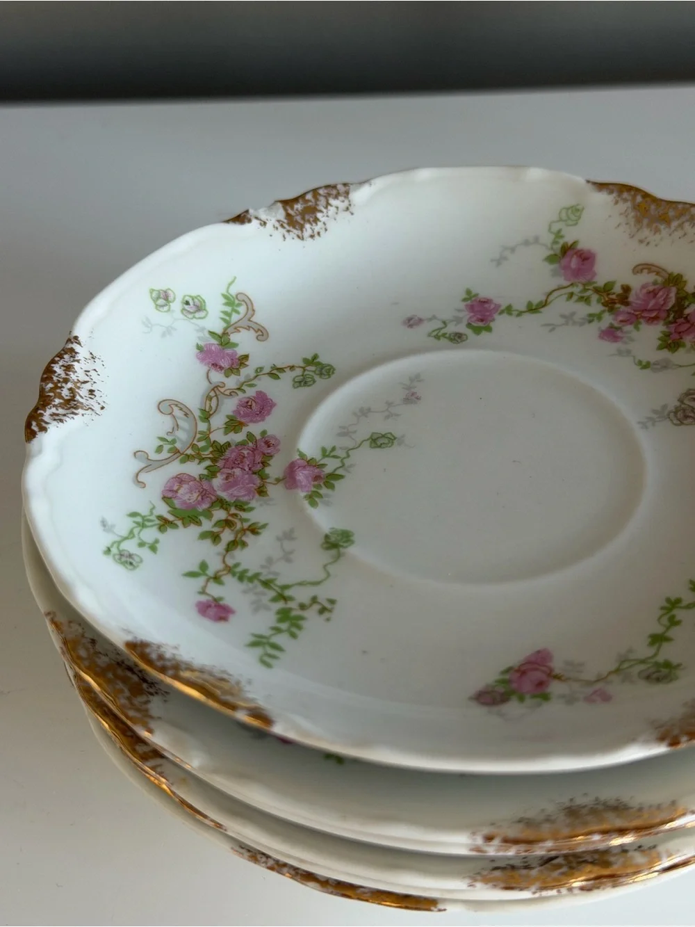 Delicate Pink Rose Porcelain Tea Cup Plates with Gold Trim- WARWICK SET OF 6
